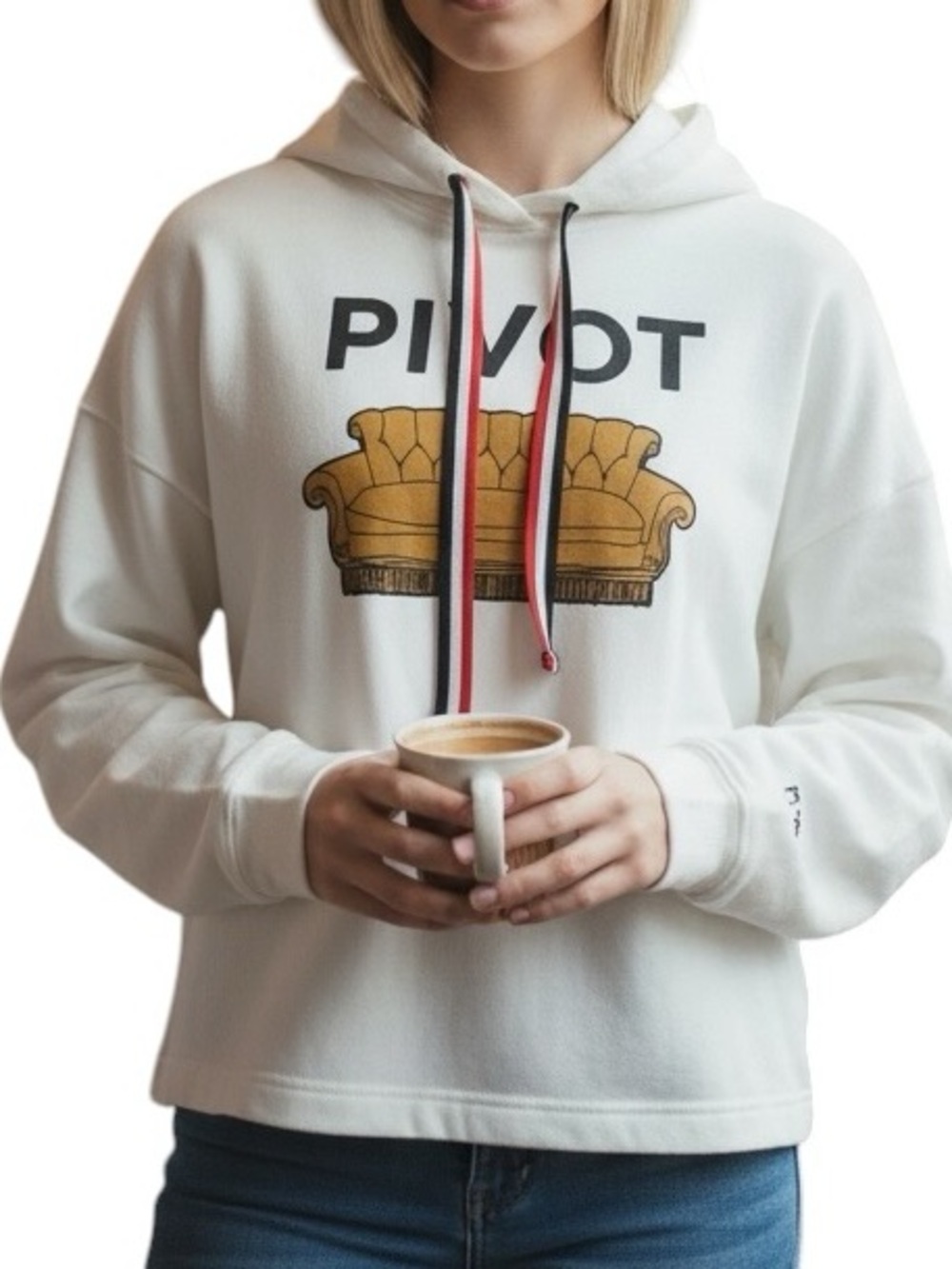 FRIENDS White 'PIVOT' Hoodie with Yellow Couch Graphic
